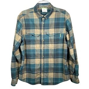 Kathmandu Plaid Flannel Button Down Shirt Mens Large Cotton Blue Tan A0579
